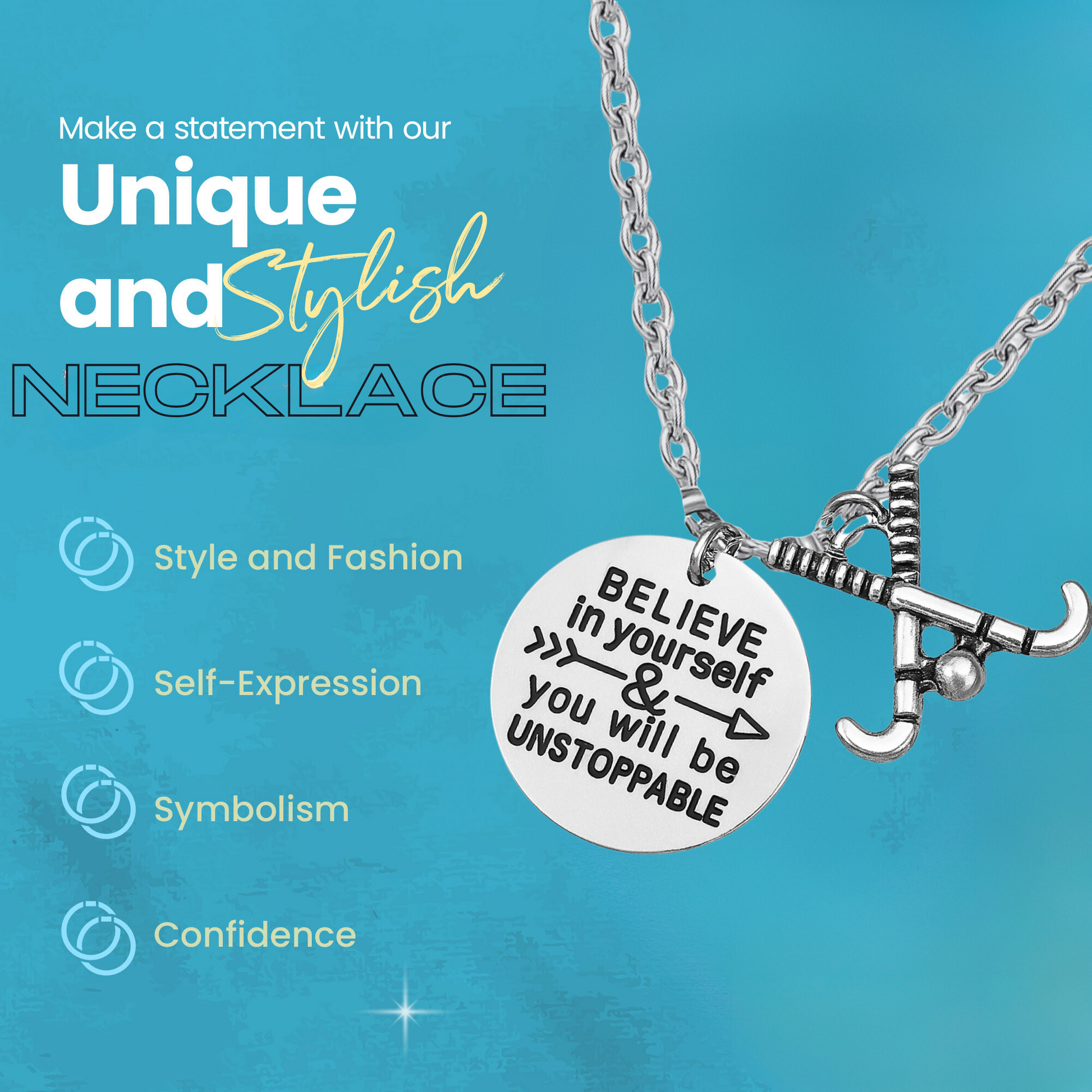 Inspirational field hockey necklace for girls on branded blue card with sports-themed quote