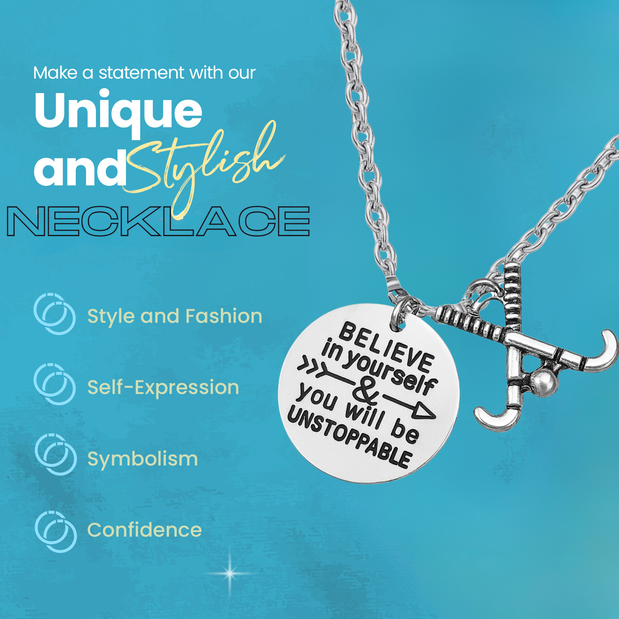 Inspirational field hockey necklace for girls on branded blue card with sports-themed quote