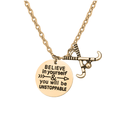 Gold plated inspirational field hockey necklace with Believe in Yourself pendant charm