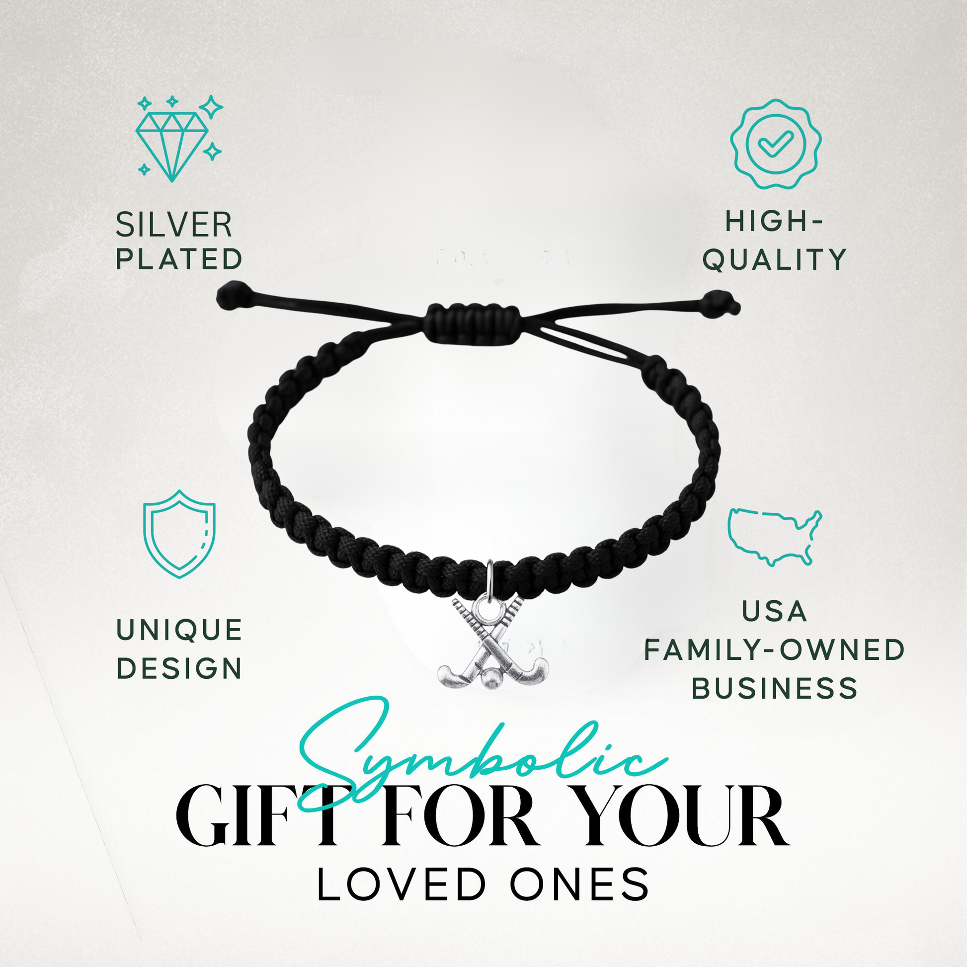 Field hockey rope bracelet in Sportybella gift-ready packaging with silver charm