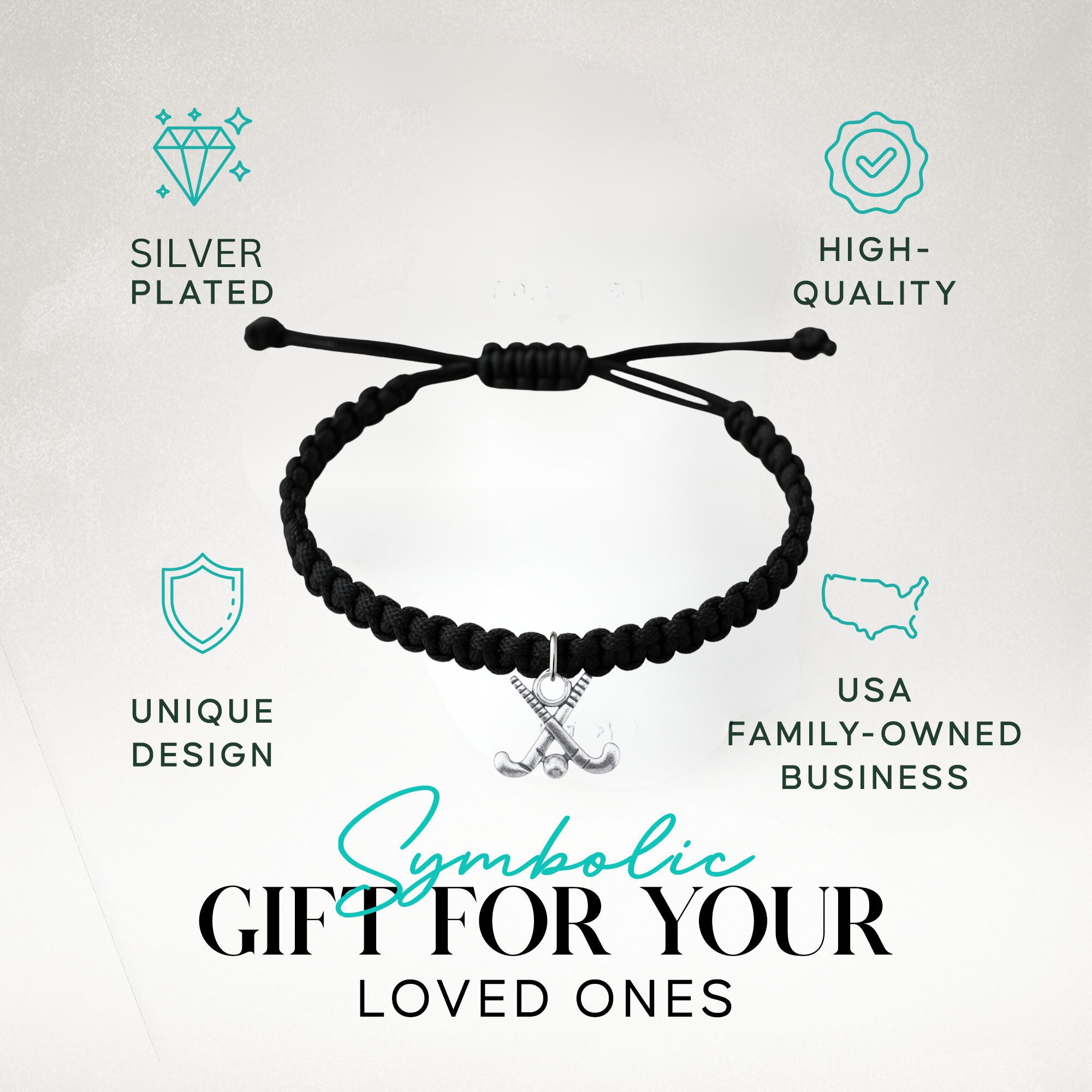 Field hockey rope bracelet in Sportybella gift-ready packaging with silver charm