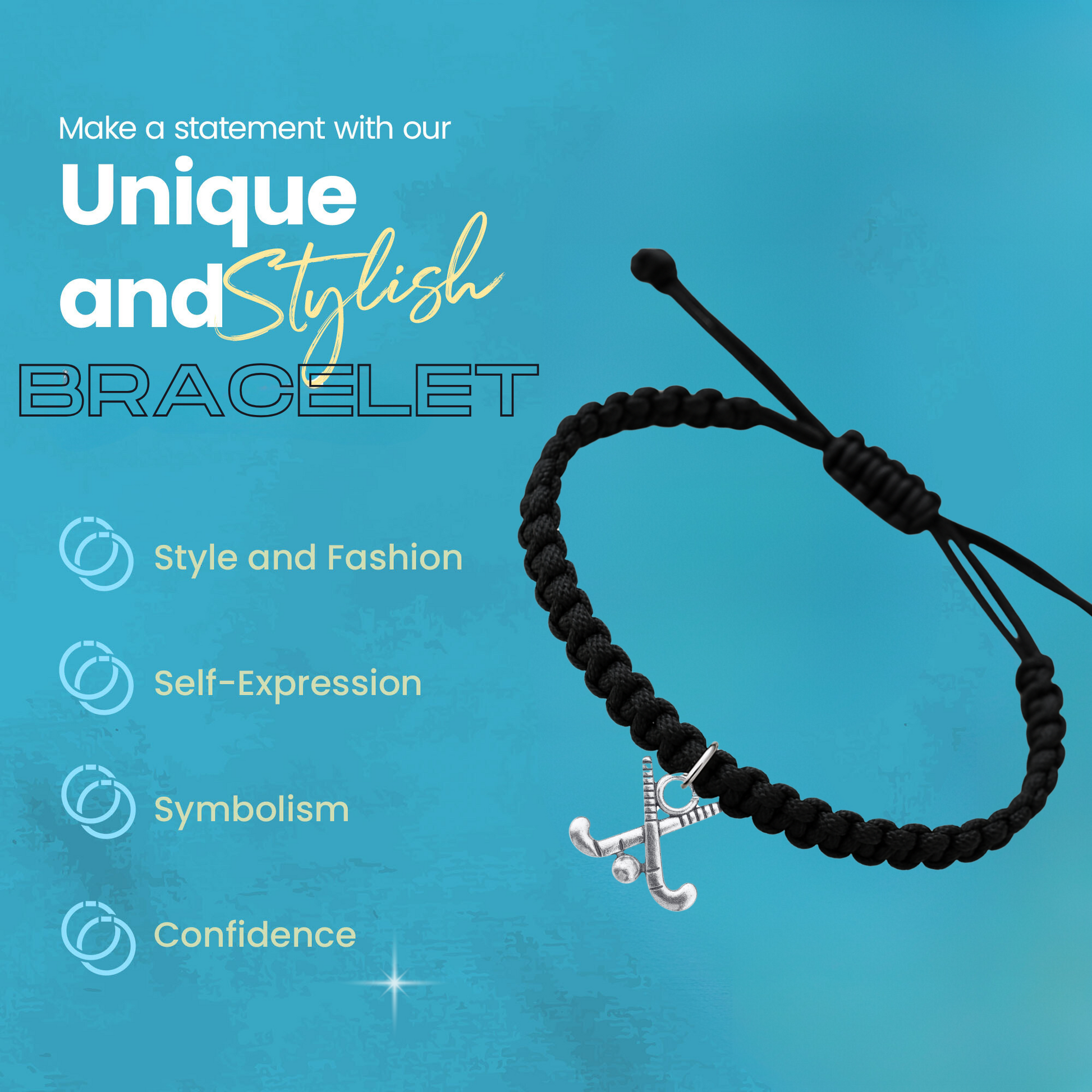 Adjustable black rope field hockey bracelet shown on turquoise background with product features