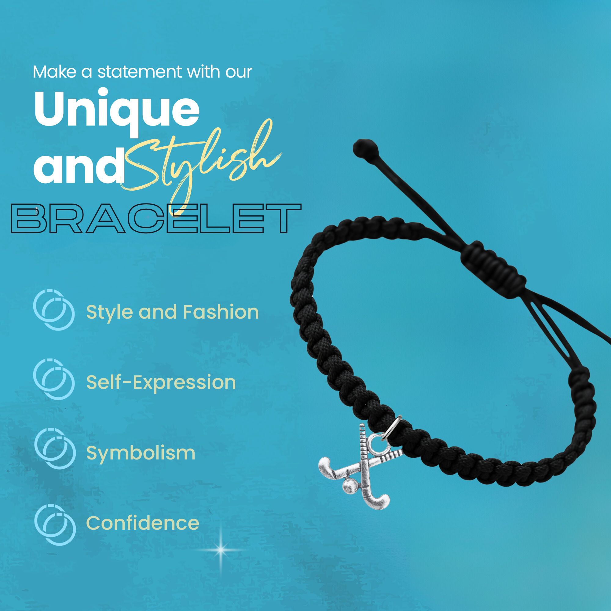 Adjustable black rope field hockey bracelet shown on turquoise background with product features