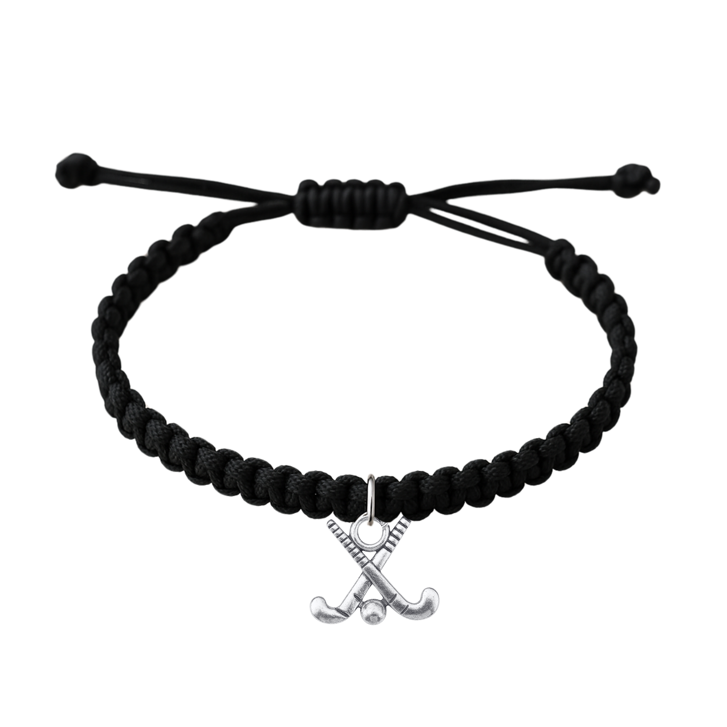 Adjustable black rope field hockey bracelet with crossed sticks charm on white background