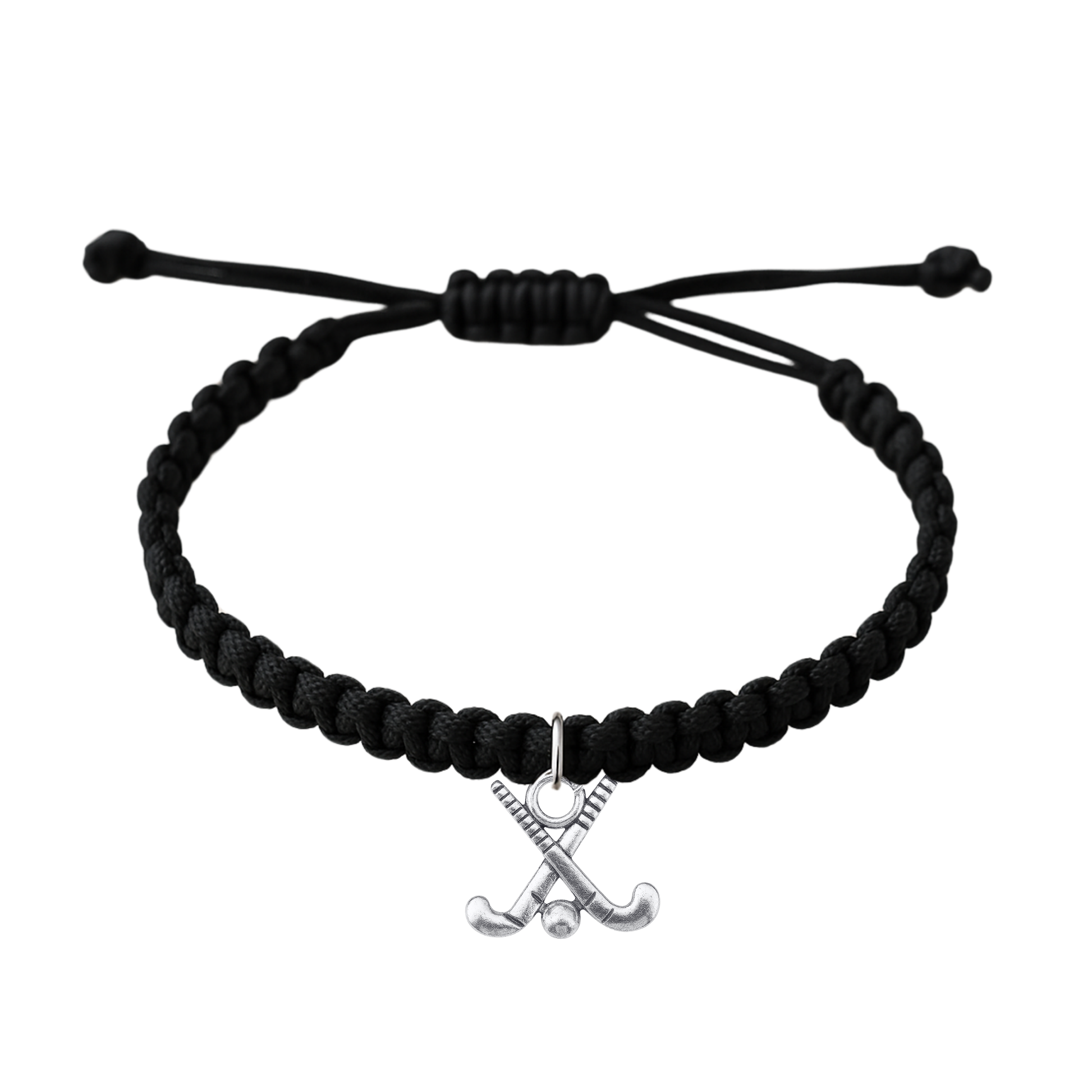 Adjustable black rope field hockey bracelet with crossed sticks charm on white background
