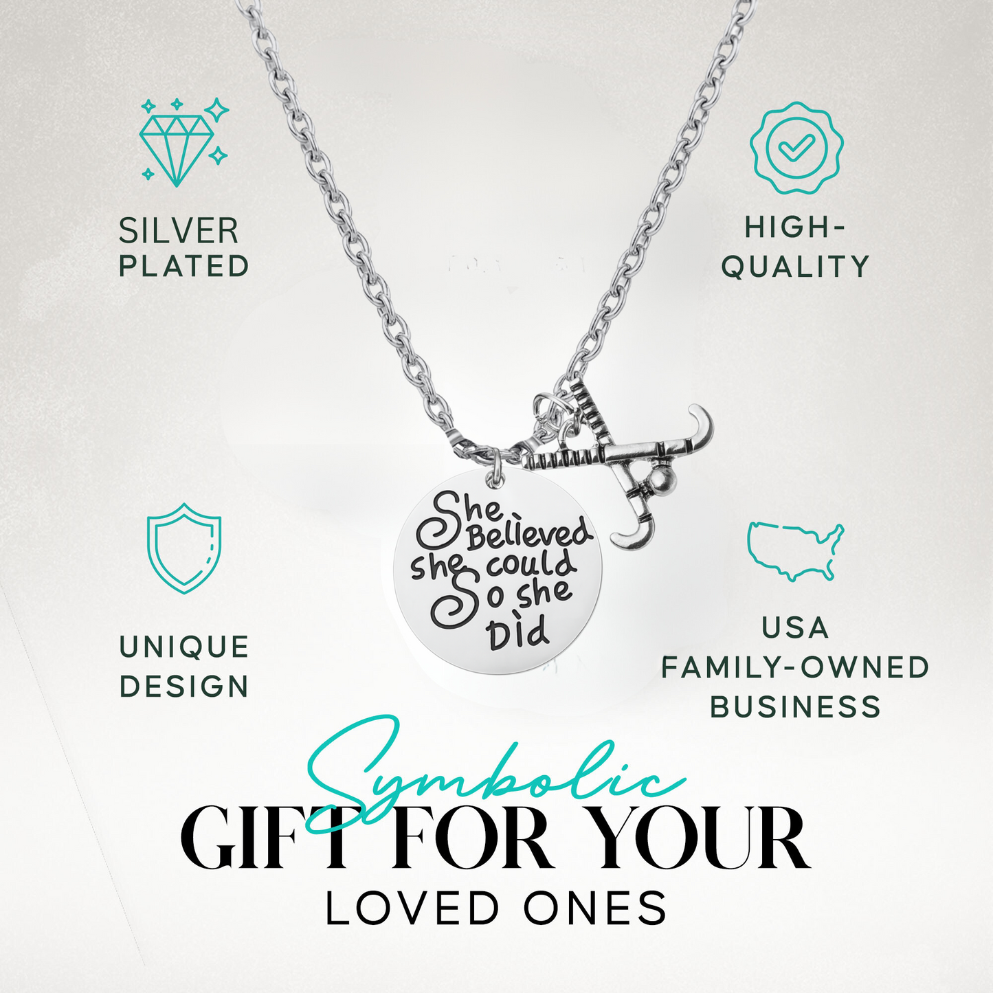 Inspirational field hockey necklace with quote pendant and charm shown with gift idea text