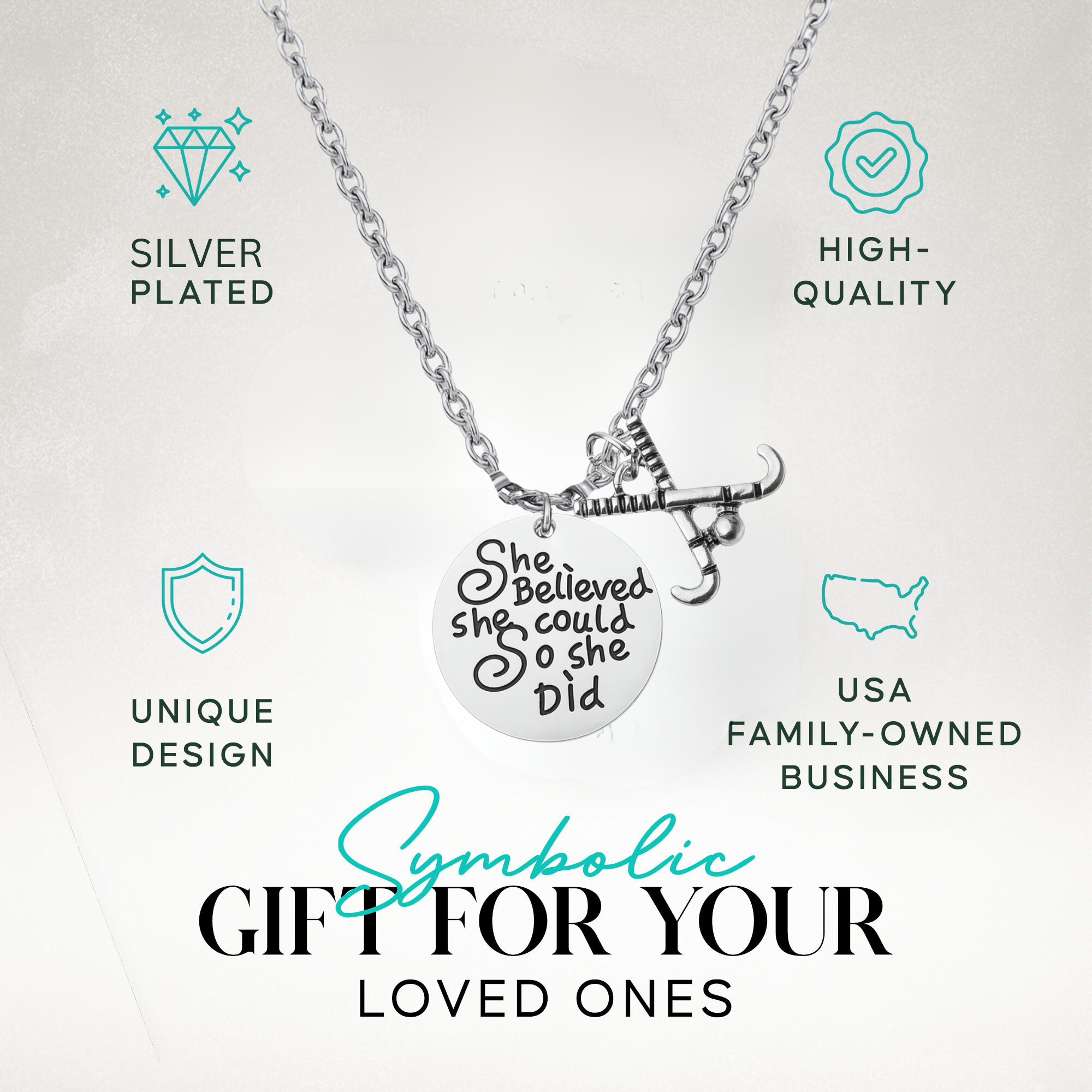 Inspirational field hockey necklace with quote pendant and charm shown with gift idea text