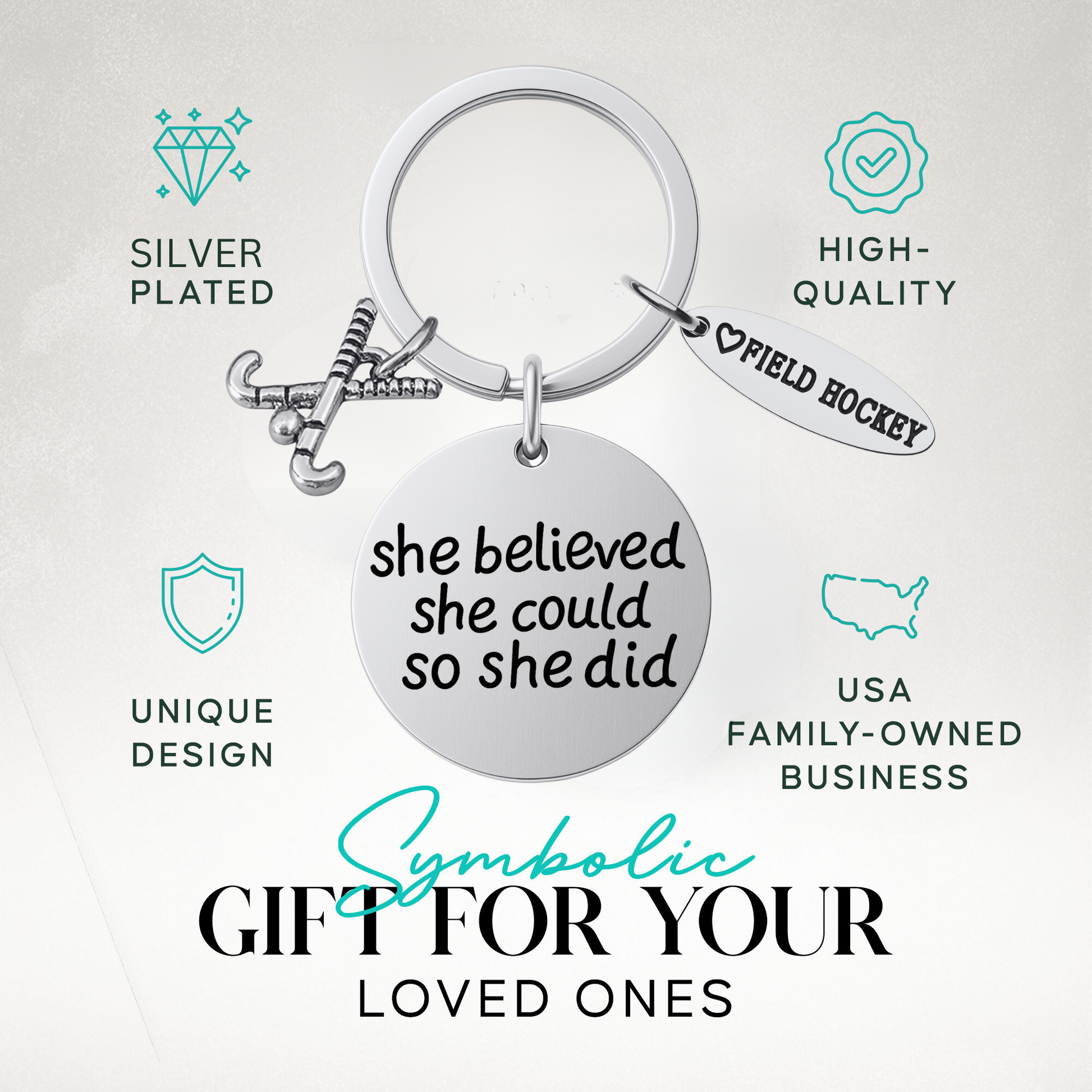 Field hockey keychain with engraved motivational quote shown with gift idea text