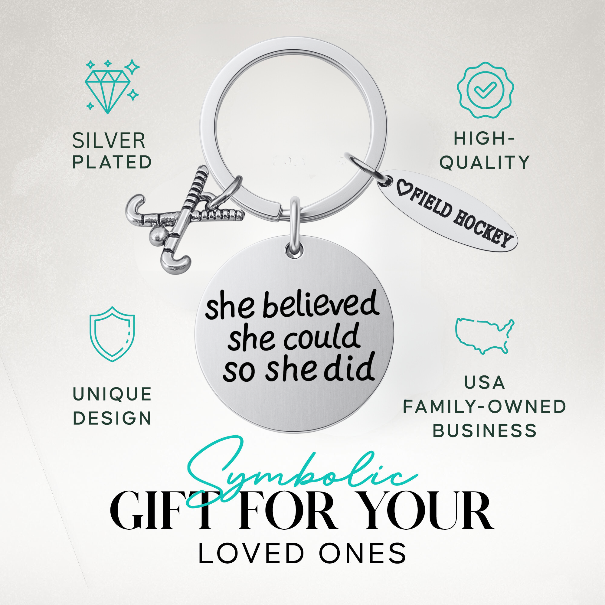 Field hockey keychain with engraved motivational quote shown with gift idea text