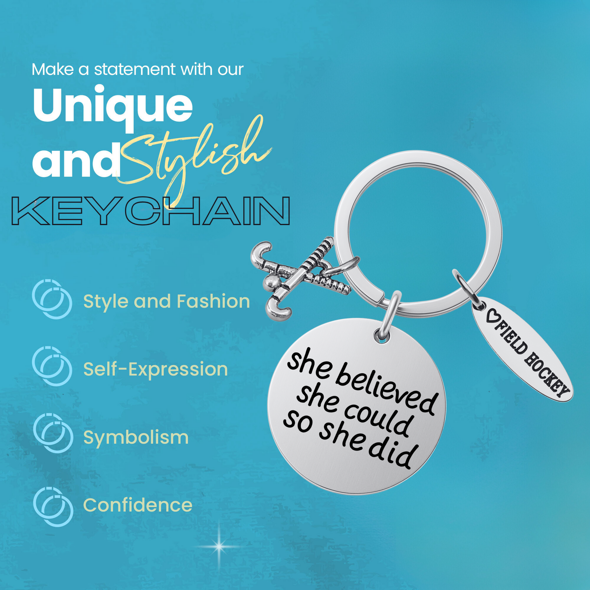Field hockey keychain with icons for durable, stylish, and inspirational sports accessory