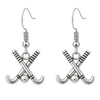 Silver plated field hockey stick dangle earrings with ball charm for players and fans