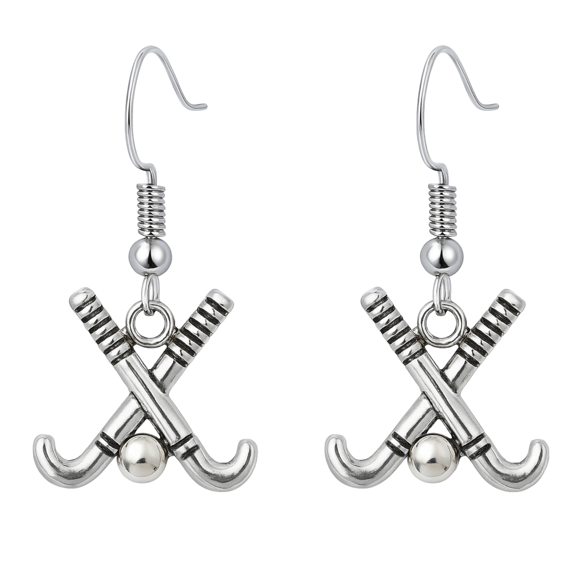 Silver plated field hockey stick dangle earrings with ball charm for players and fans