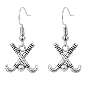 Silver plated field hockey stick dangle earrings with ball charm for players and fans