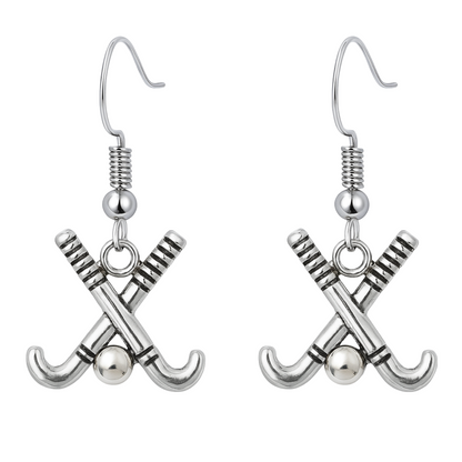Silver plated field hockey stick dangle earrings with ball charm for players and fans