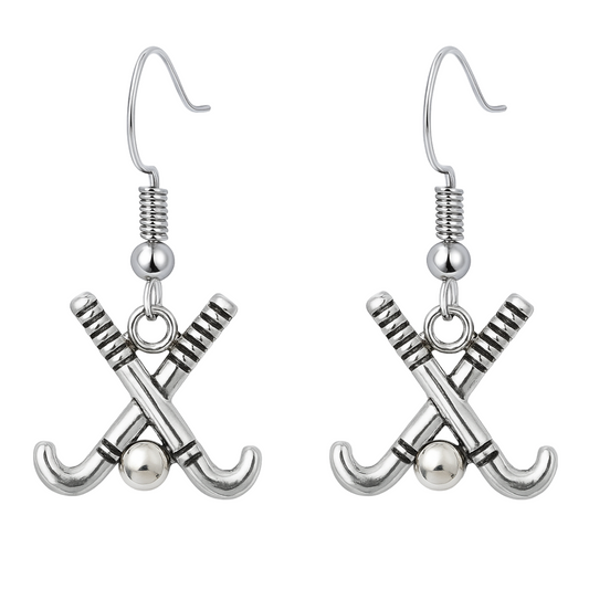 Silver plated field hockey stick dangle earrings with ball charm for players and fans