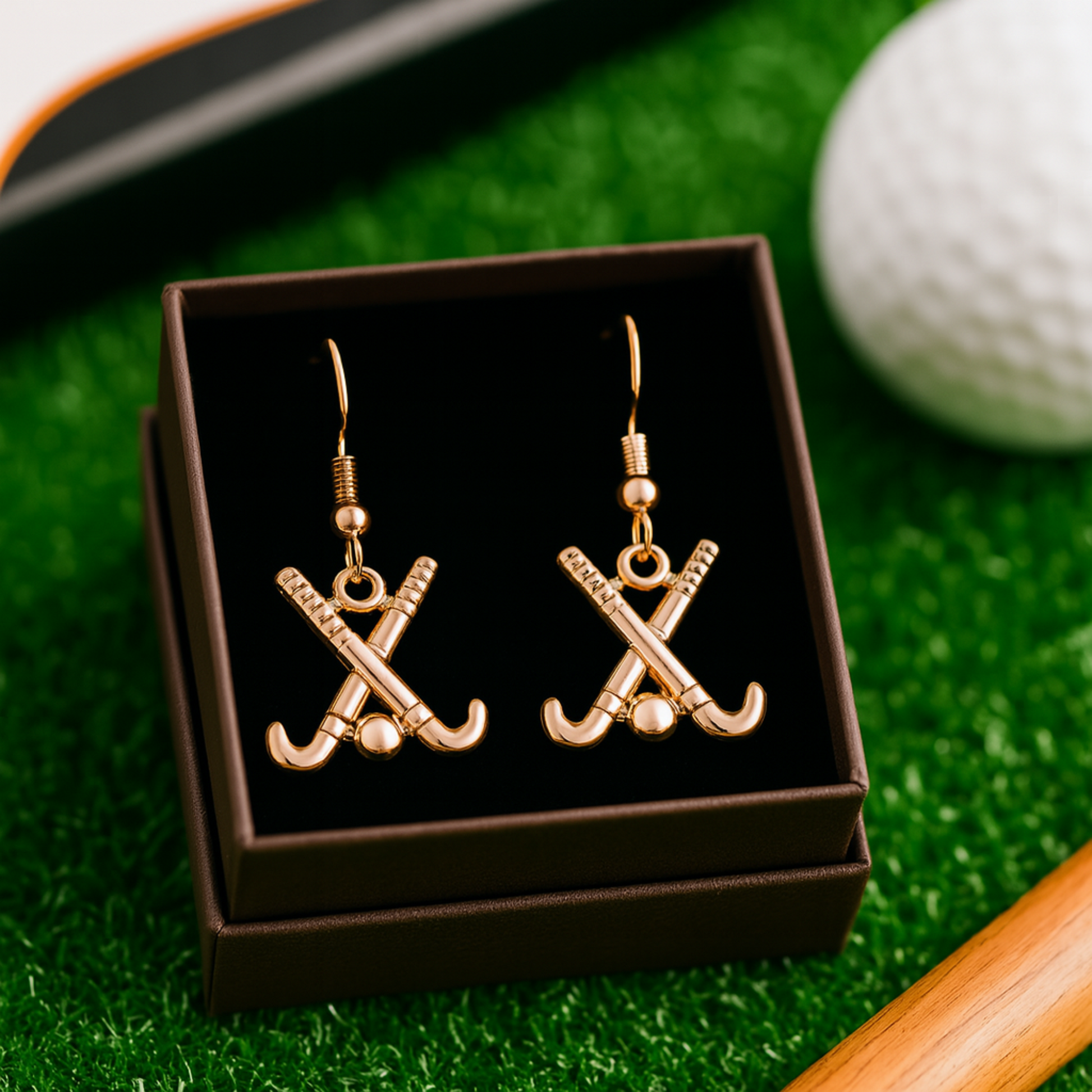 Dangle field hockey earrings styled on artificial turf, sporty packaging for athletic gift