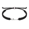 Black braided rope bracelet featuring a silver rhinestone field hockey stick charm, laid flat on white background