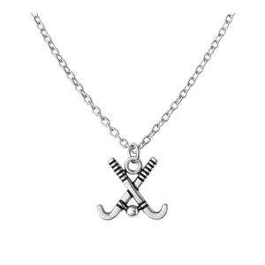 Silver field hockey sticks necklace with stainless steel chain – sporty gift for girls, teens, and coaches