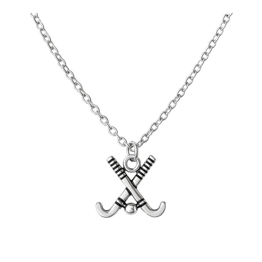 Silver field hockey sticks necklace with stainless steel chain – sporty gift for girls, teens, and coaches