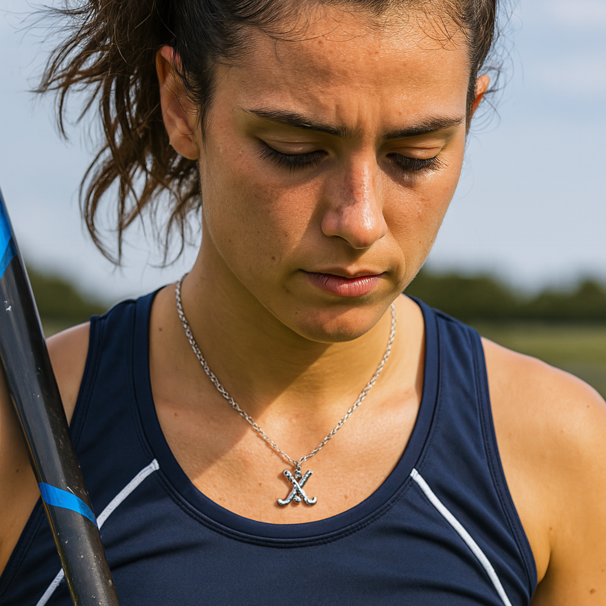 Young woman with silver field hockey necklace – stylish and motivational sports jewelry