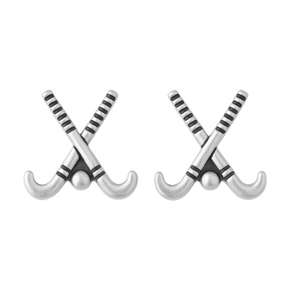 Silver plated field hockey stick stud earrings for athletes and sports lovers