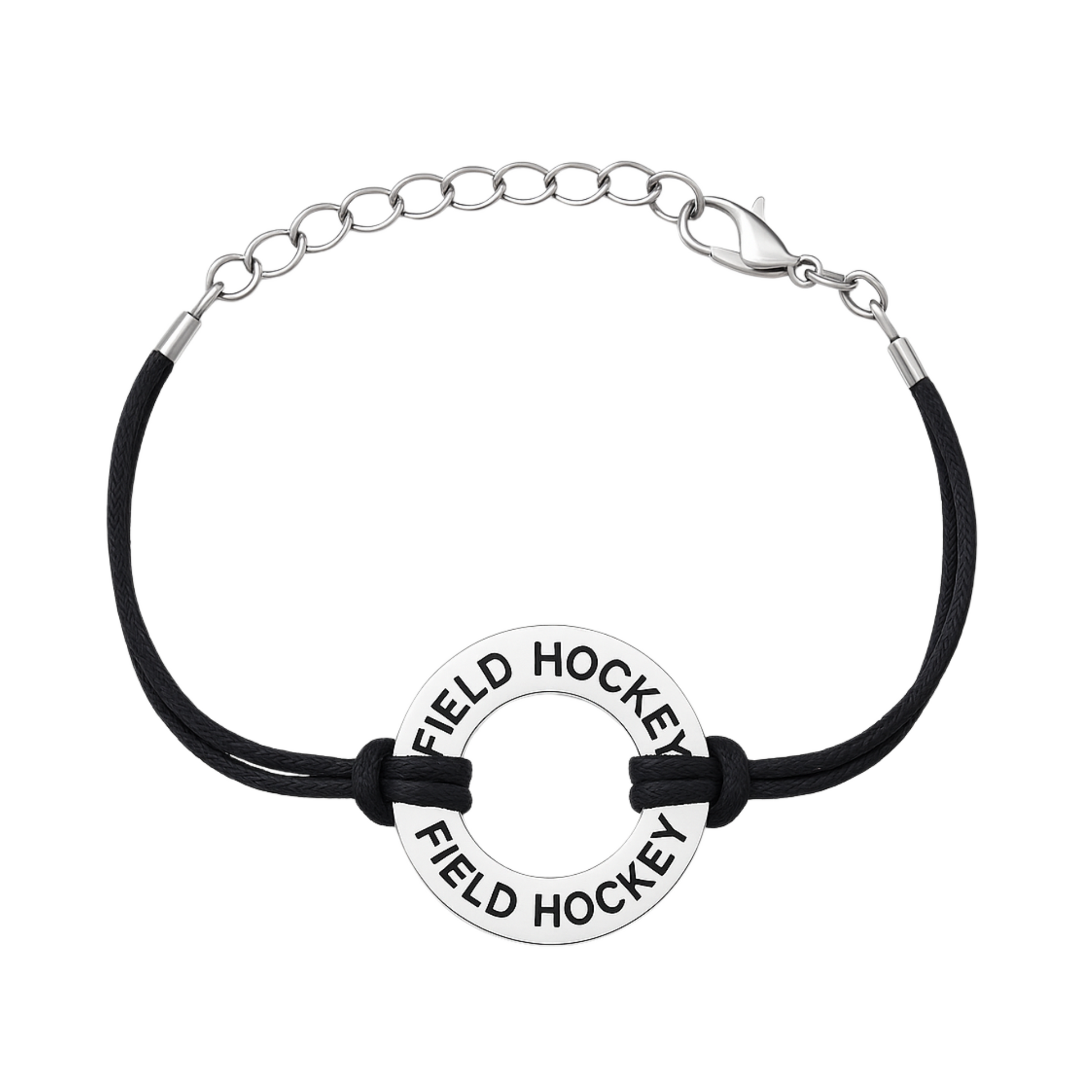 Adjustable black field hockey wrap bracelet with round silver charm for players and fans