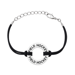 Adjustable black field hockey wrap bracelet with round silver charm for players and fans