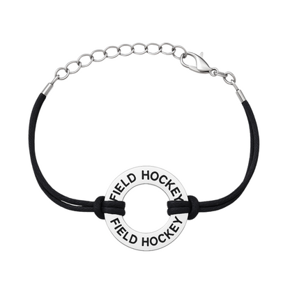 Adjustable black field hockey wrap bracelet with round silver charm for players and fans
