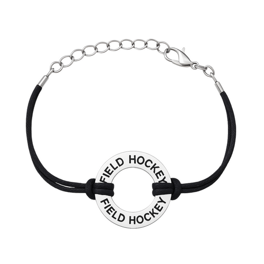 Adjustable black field hockey wrap bracelet with round silver charm for players and fans