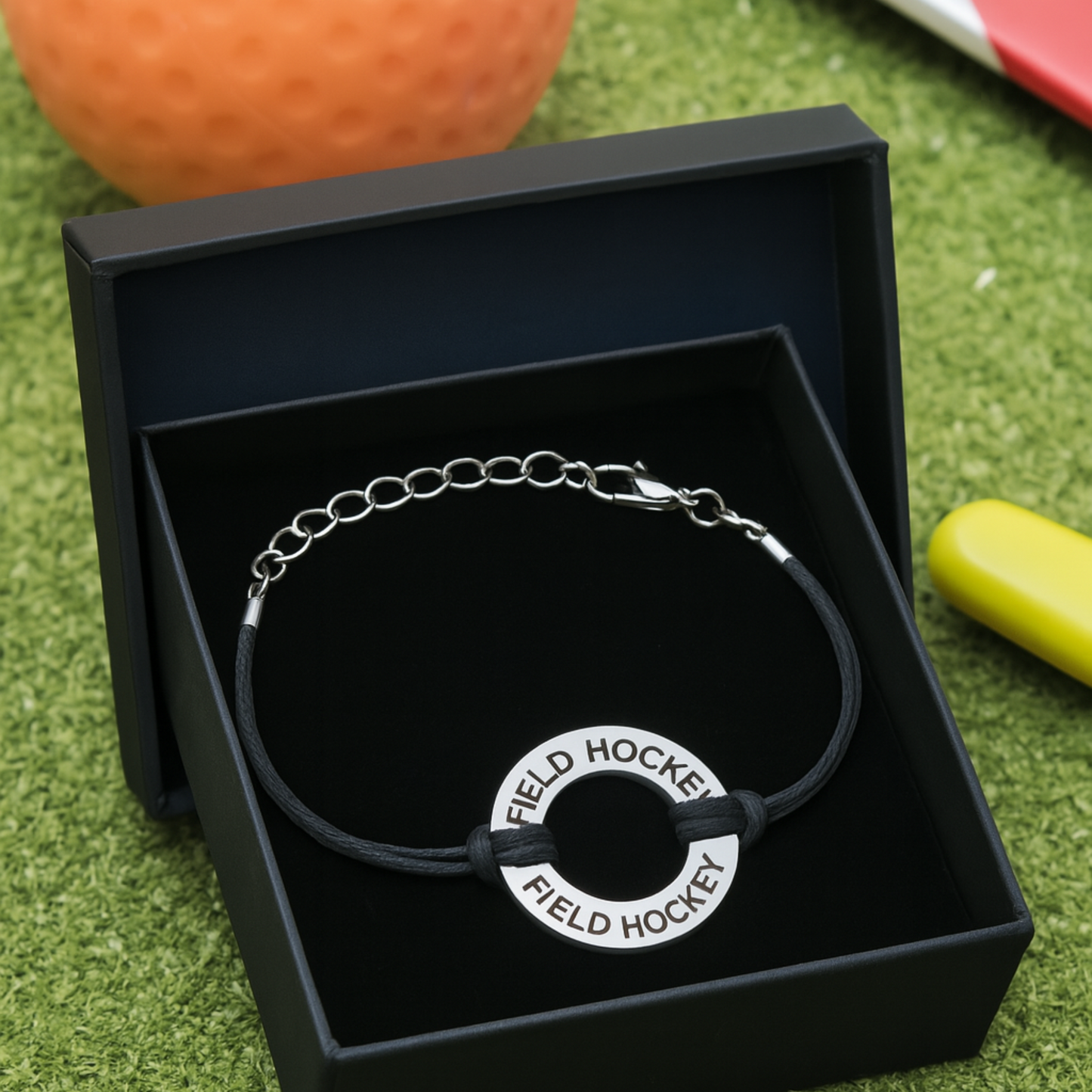 Field hockey charm bracelet displayed in gift box, perfect present for athletes or teams