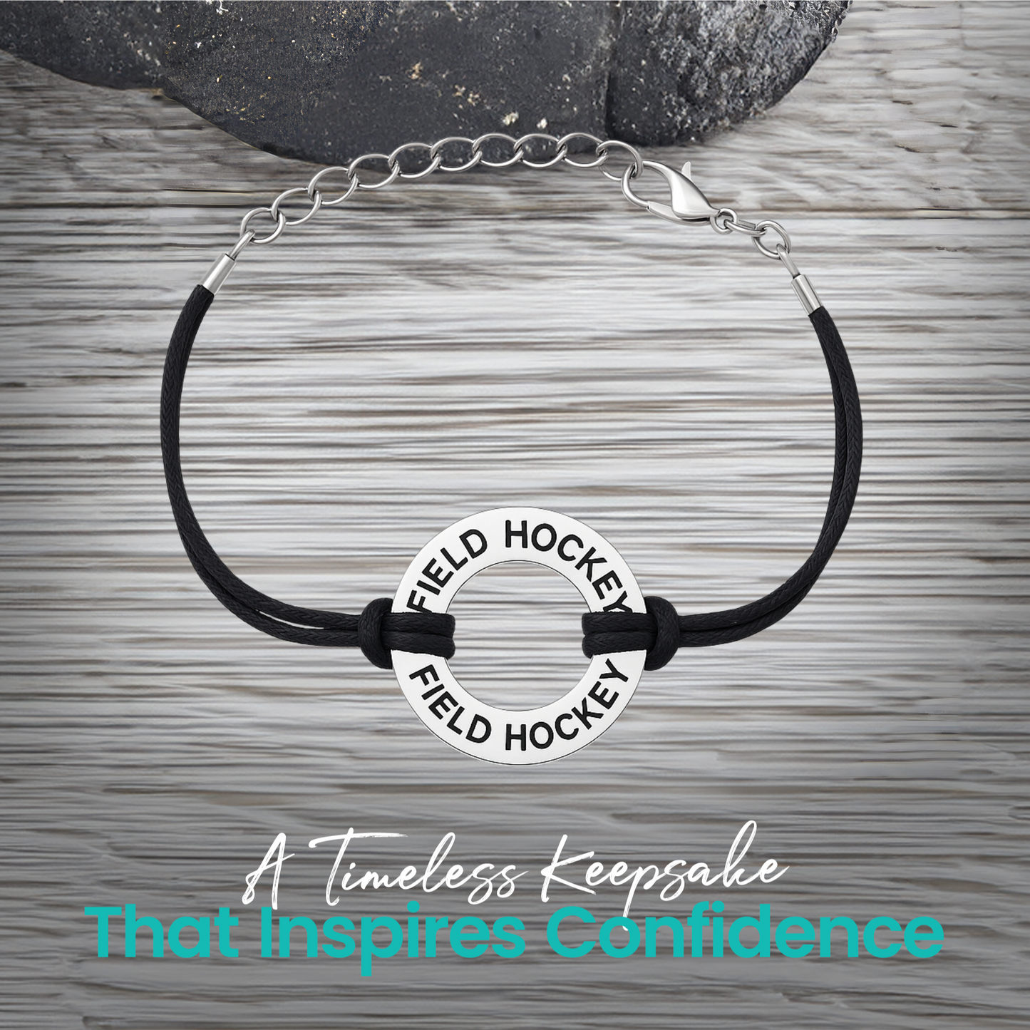 Field hockey bracelet on rustic background, stylish and adjustable for all wrist sizes