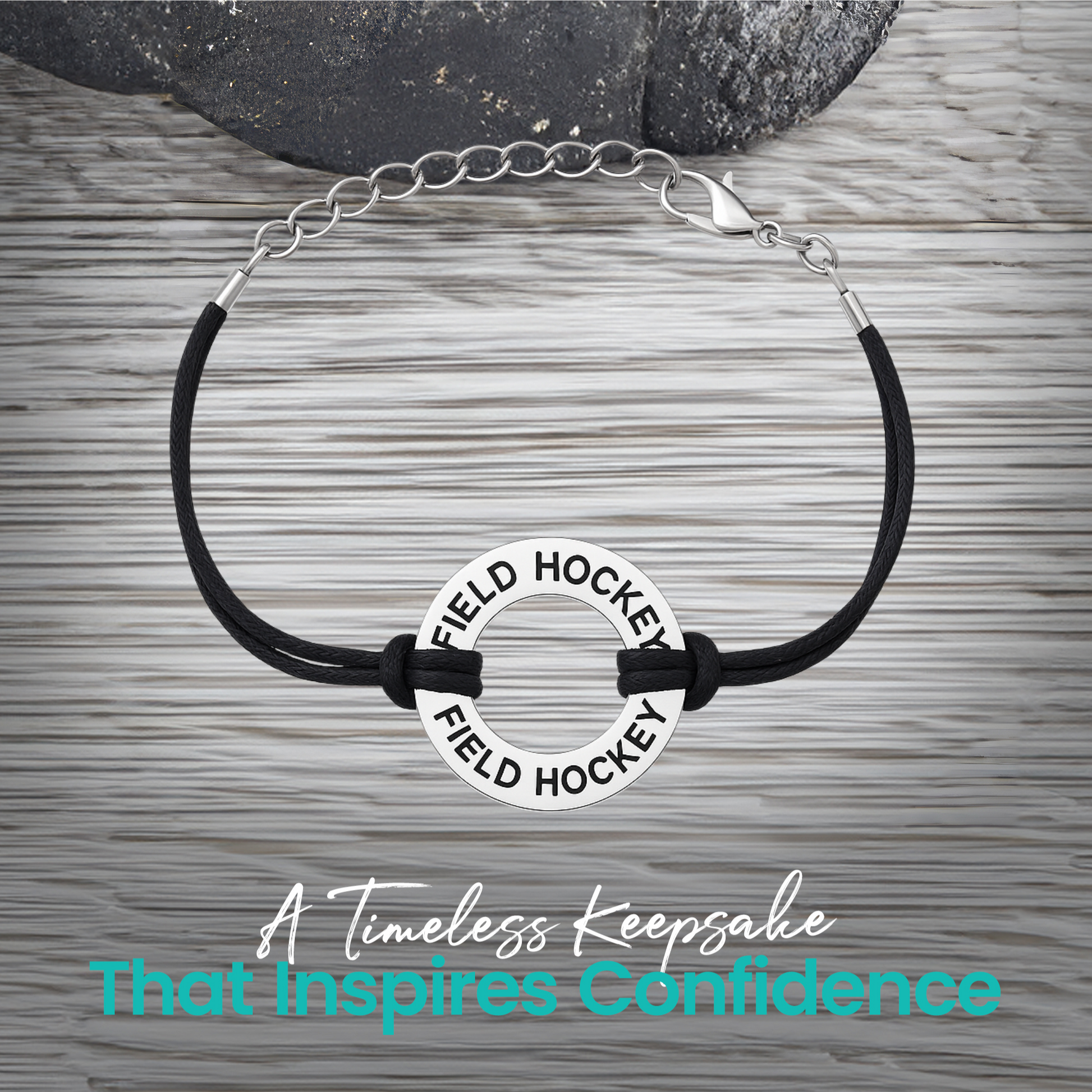 Field hockey bracelet on rustic background, stylish and adjustable for all wrist sizes