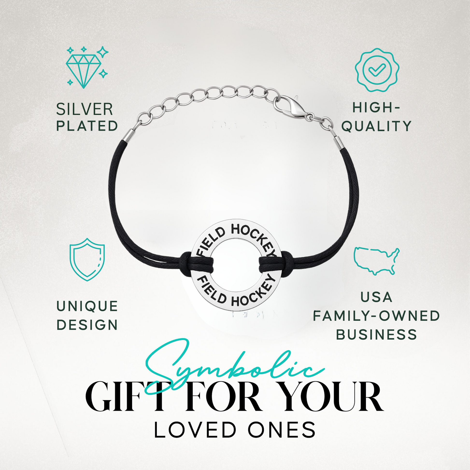 Field hockey wrap bracelet on branded gift card, ready-to-give sporty jewelry