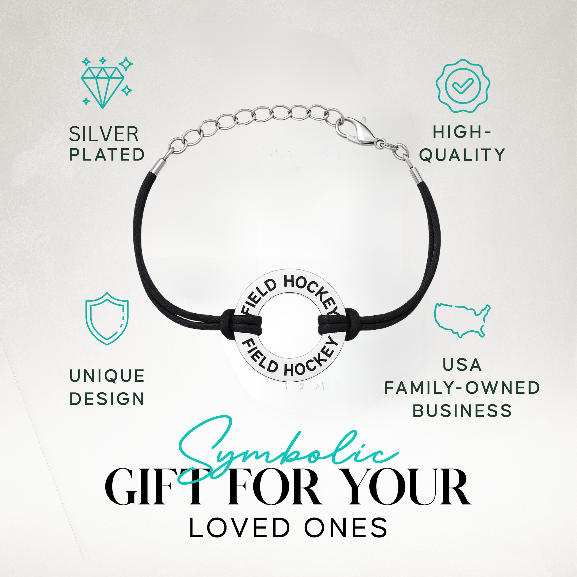 Field hockey wrap bracelet on branded gift card, ready-to-give sporty jewelry