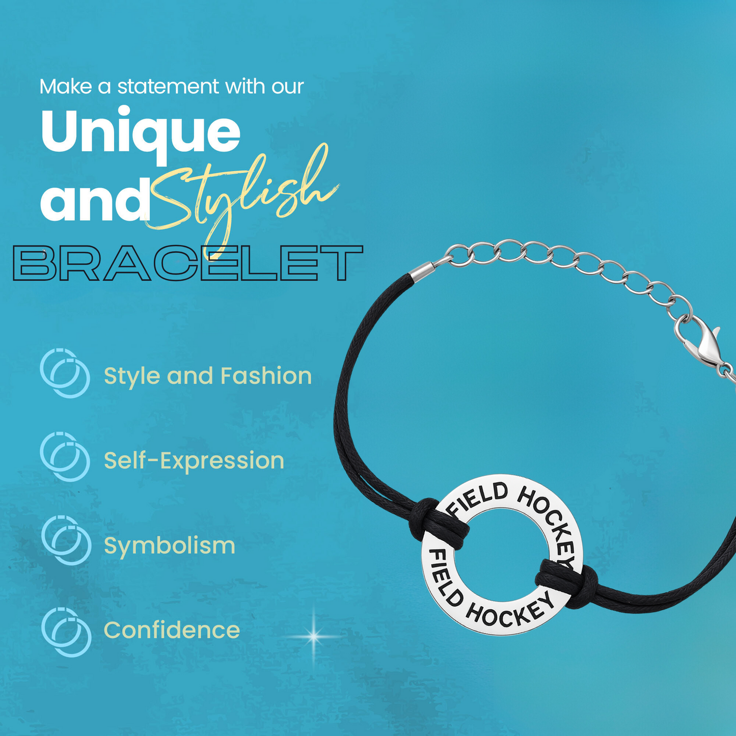 Field hockey charm bracelet shown with product details and branding on blue background
