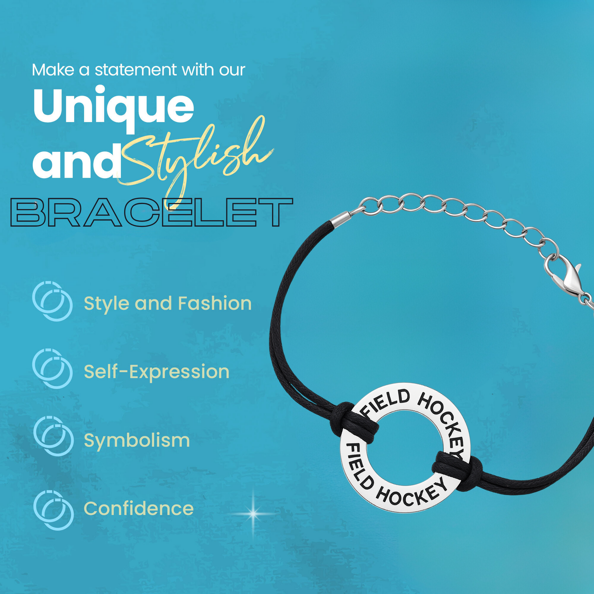 Field hockey charm bracelet shown with product details and branding on blue background