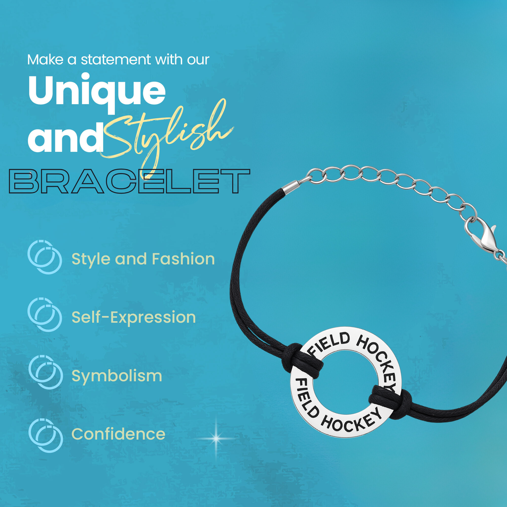 Field hockey charm bracelet shown with product details and branding on blue background