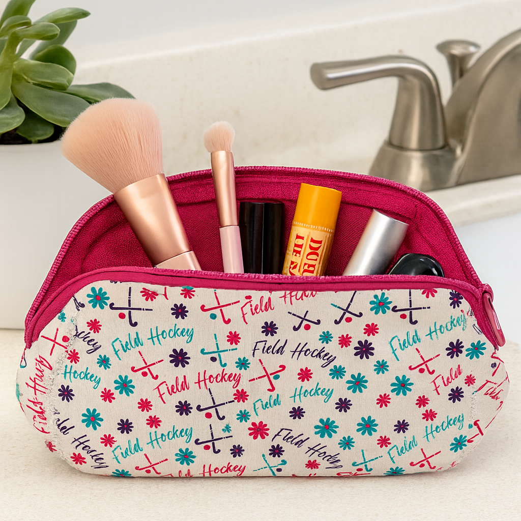 Field Hockey Pink Flower Cosmetic Bag