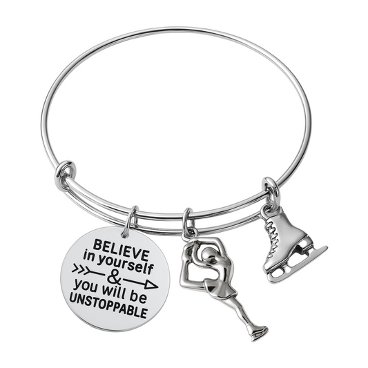 Silver expandable figure skating bangle bracelet with Believe in Yourself You Will Be Unstoppable charm and ice skate charm