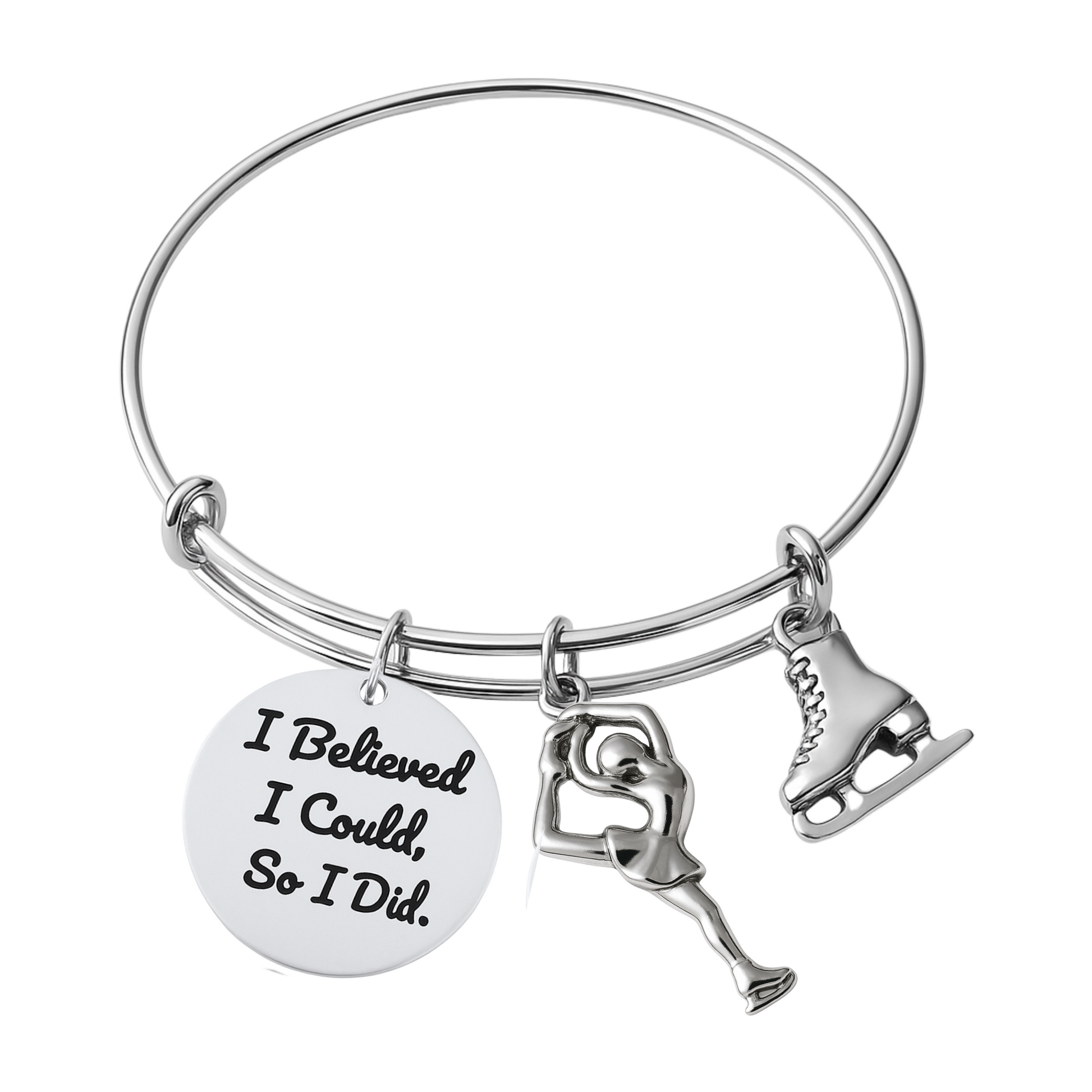 Figure skating bangle bracelet with I Think I Can charm and ice skate charm on silver band