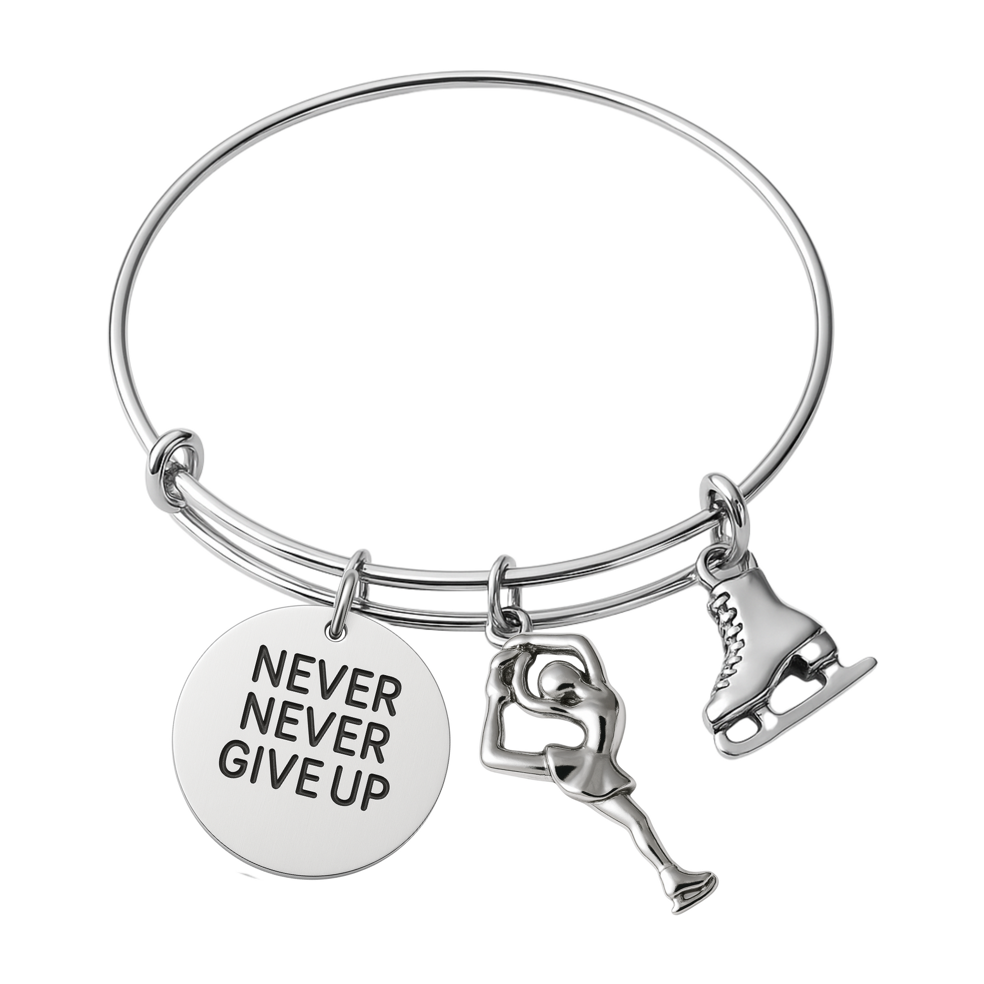 Silver figure skating bangle bracelet with Never Ever Give Up charm and ice skate charm
