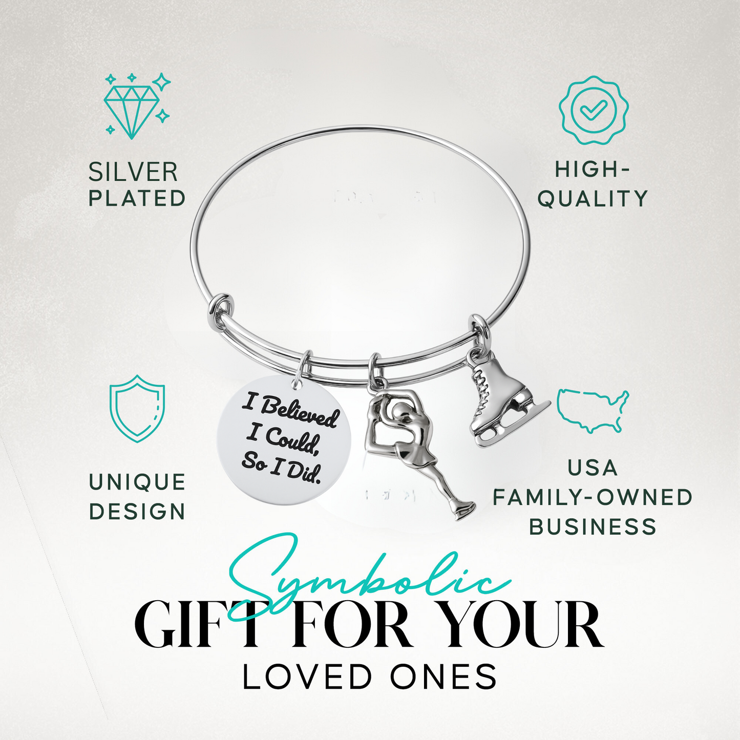Figure skating inspirational charm bracelet shown with text highlighting perfect gift idea