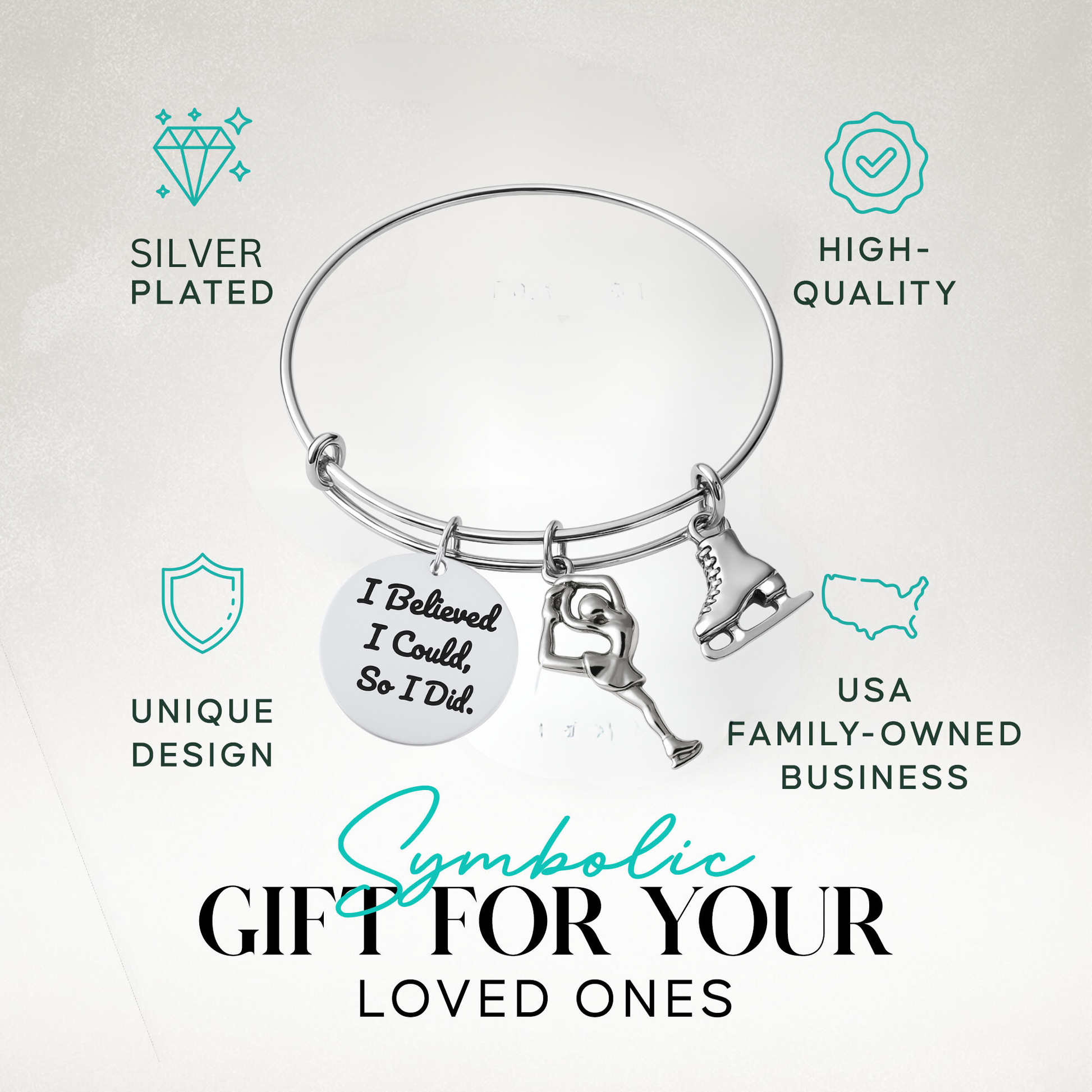 Figure skating inspirational charm bracelet shown with text highlighting perfect gift idea