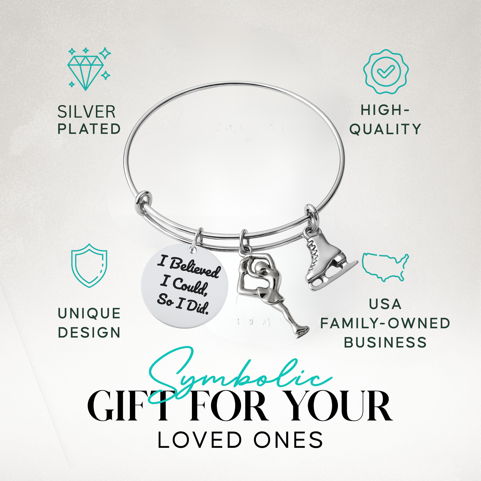 Figure skating inspirational charm bracelet shown with text highlighting perfect gift idea