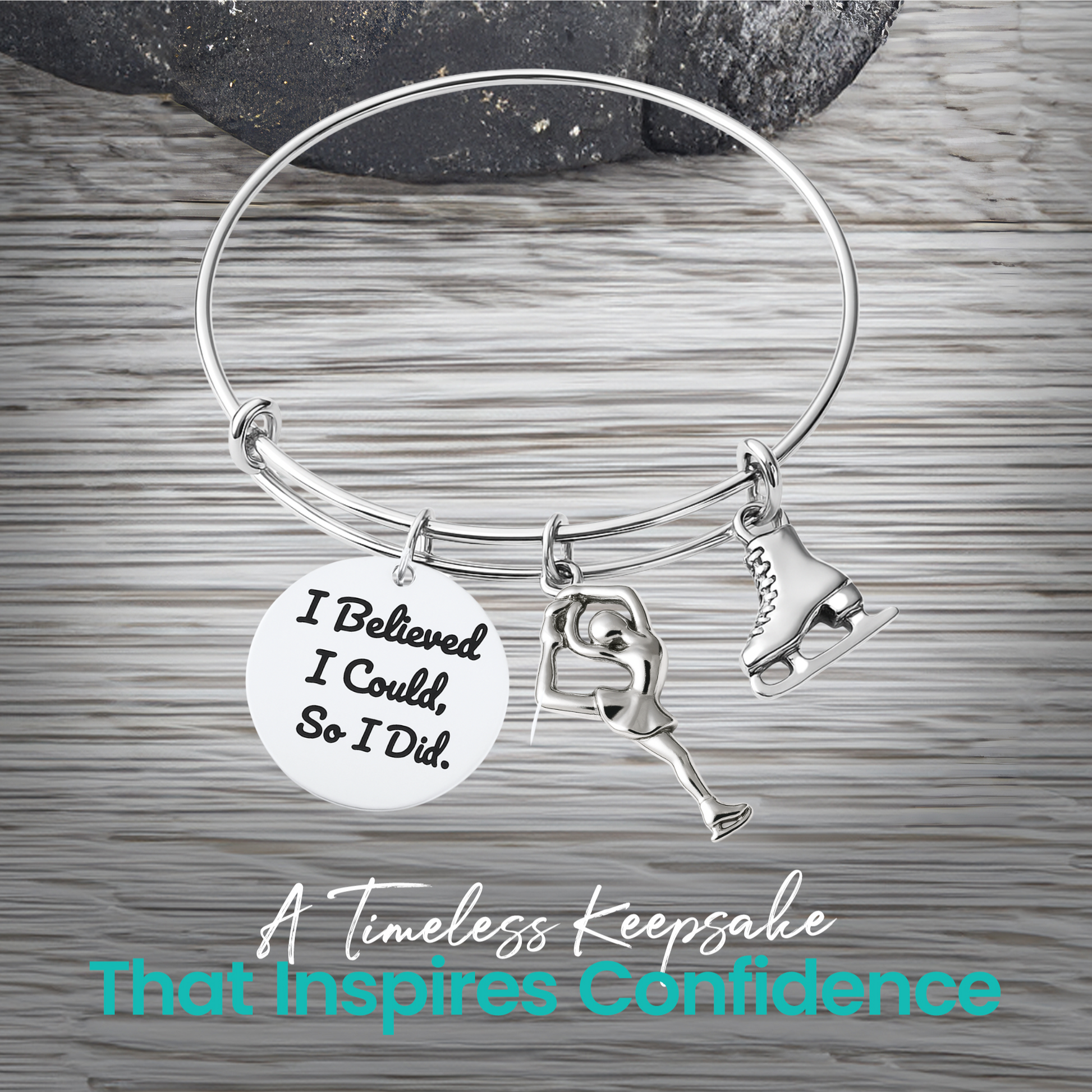 Figure skating bracelet with Believe in Yourself charm and ice skate charm displayed on rustic wood surface