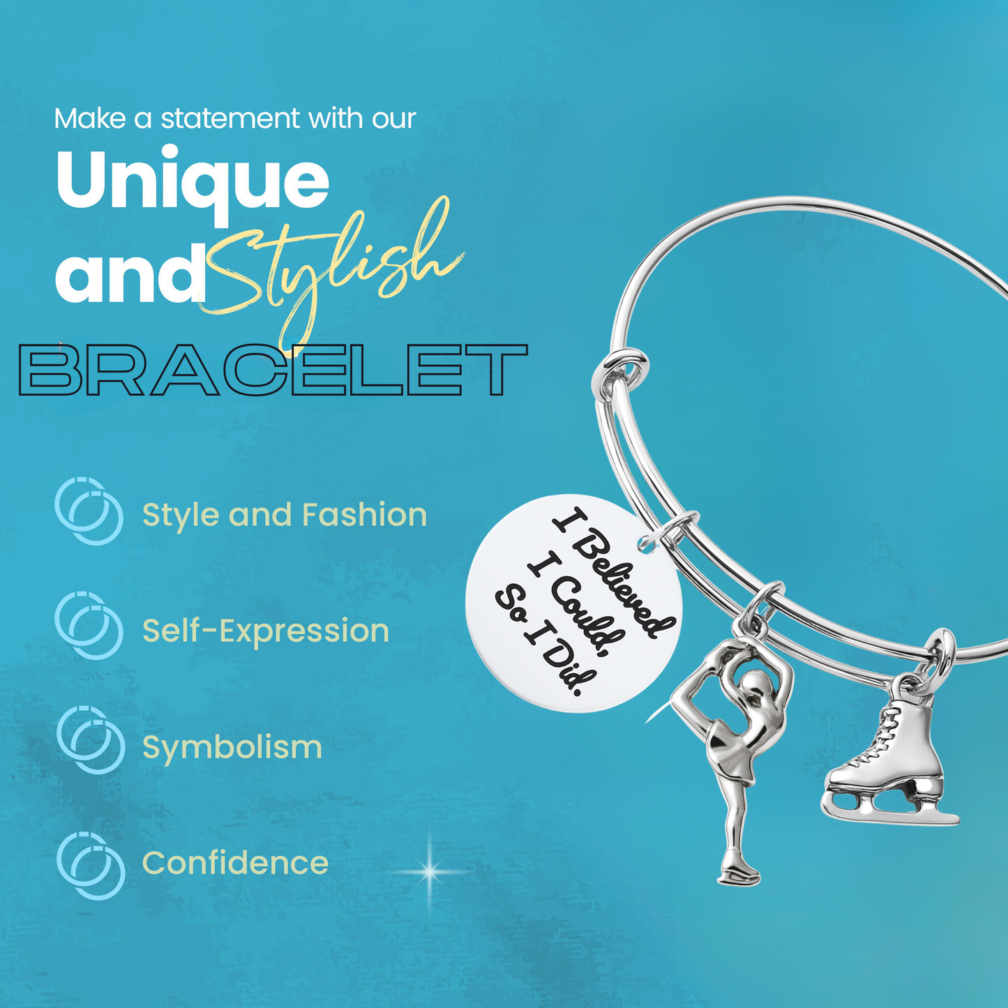 Figure skating bangle bracelet with icons for durable, stylish, and adjustable sports jewelry