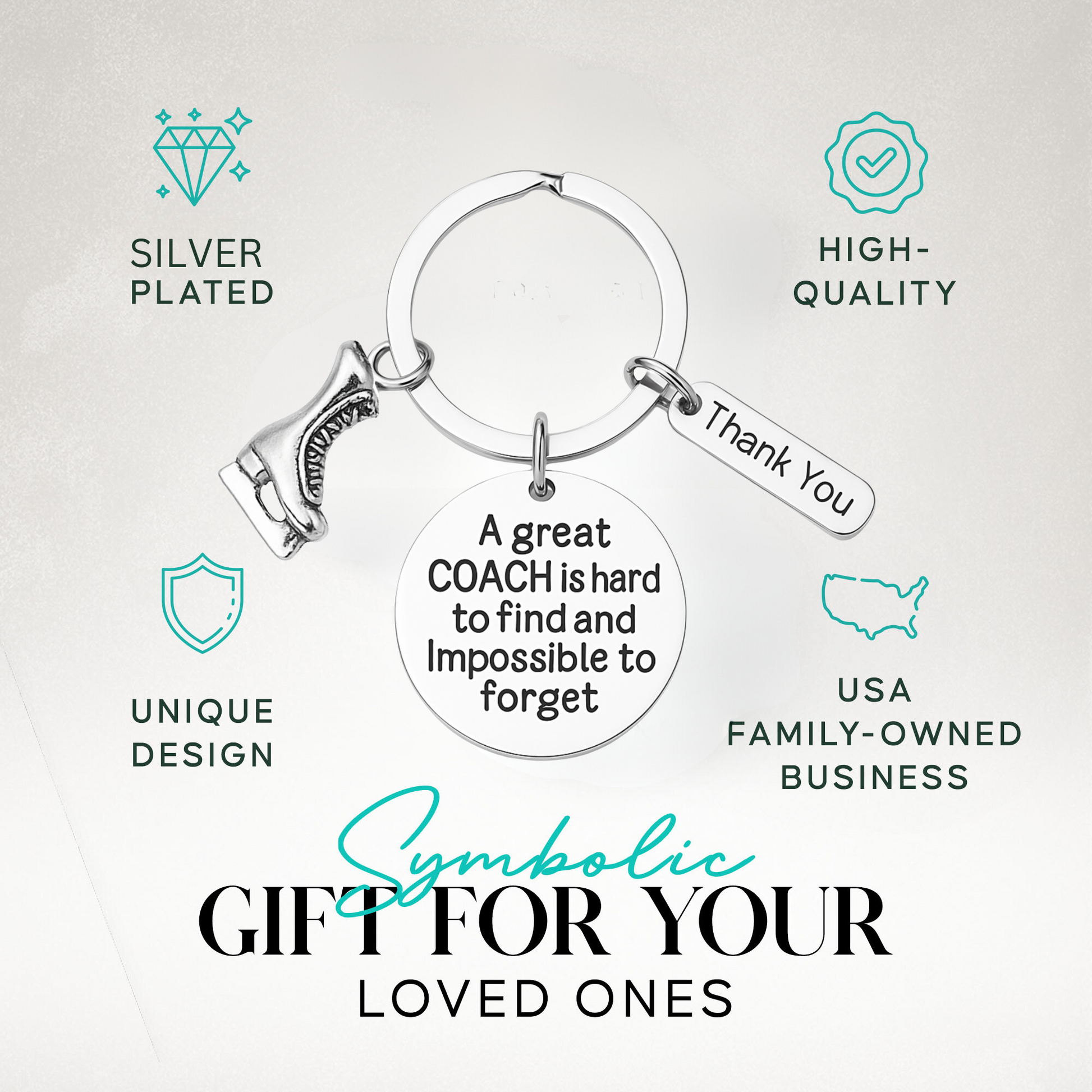 Figure skating coach appreciation keychain with silver skate charm and thank-you tag on gift-ready display card