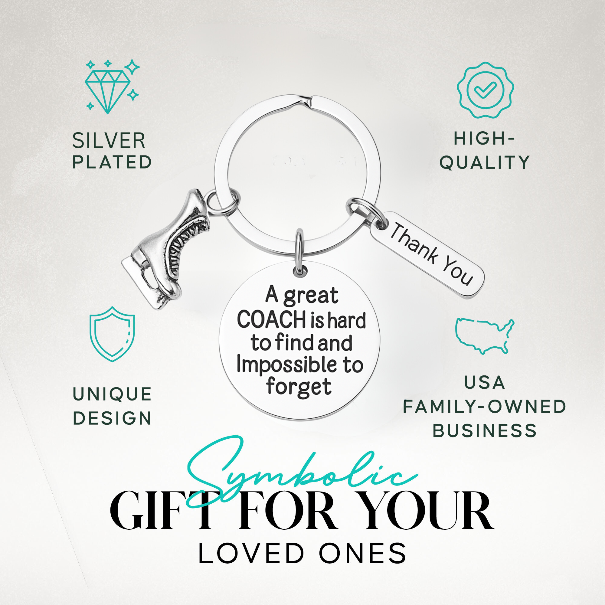 Figure skating coach appreciation keychain with silver skate charm and thank-you tag on gift-ready display card