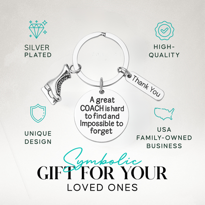 Figure skating coach appreciation keychain with silver skate charm and thank-you tag on gift-ready display card