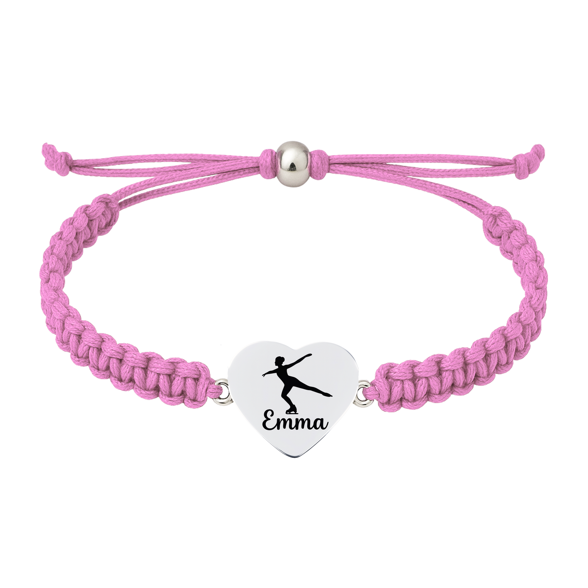 light pink bracelet with engraved stainless steel heart charm and skater shoe symbol.